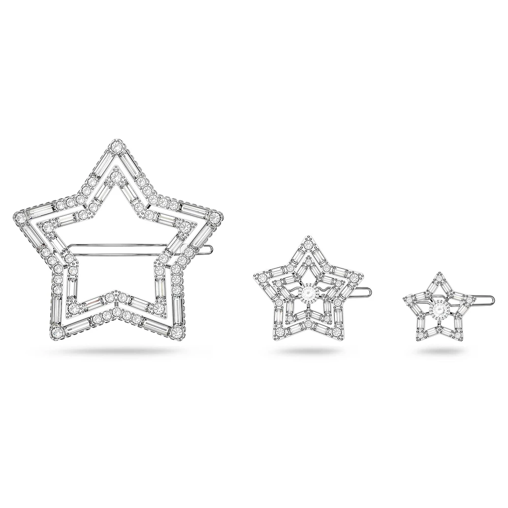 Hair clip, Set (3), Star, White, Rhodium plated by SWAROVSKI