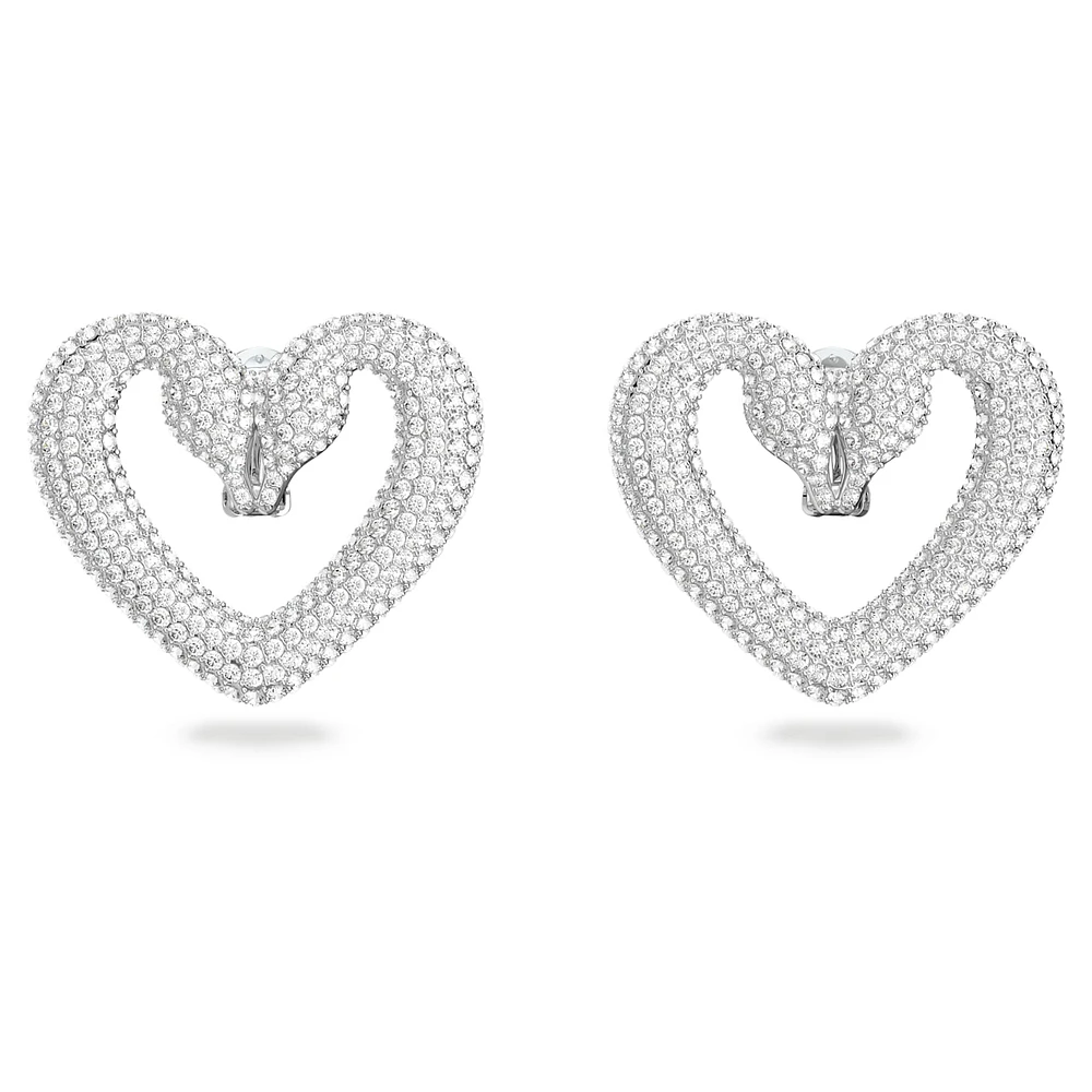 Sublima clip earrings, Heart, Large, White, Rhodium plated by SWAROVSKI
