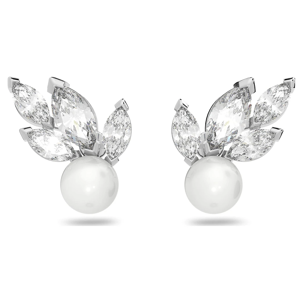 Louison Pearl stud earrings, Leaf, White, Rhodium plated by SWAROVSKI