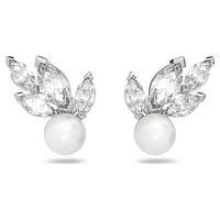 Louison Pearl stud earrings, Leaf, White, Rhodium plated by SWAROVSKI