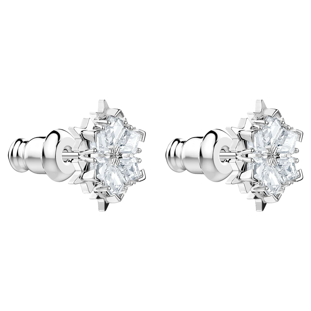 Magic stud earrings, Snowflake, White, Rhodium plated by SWAROVSKI
