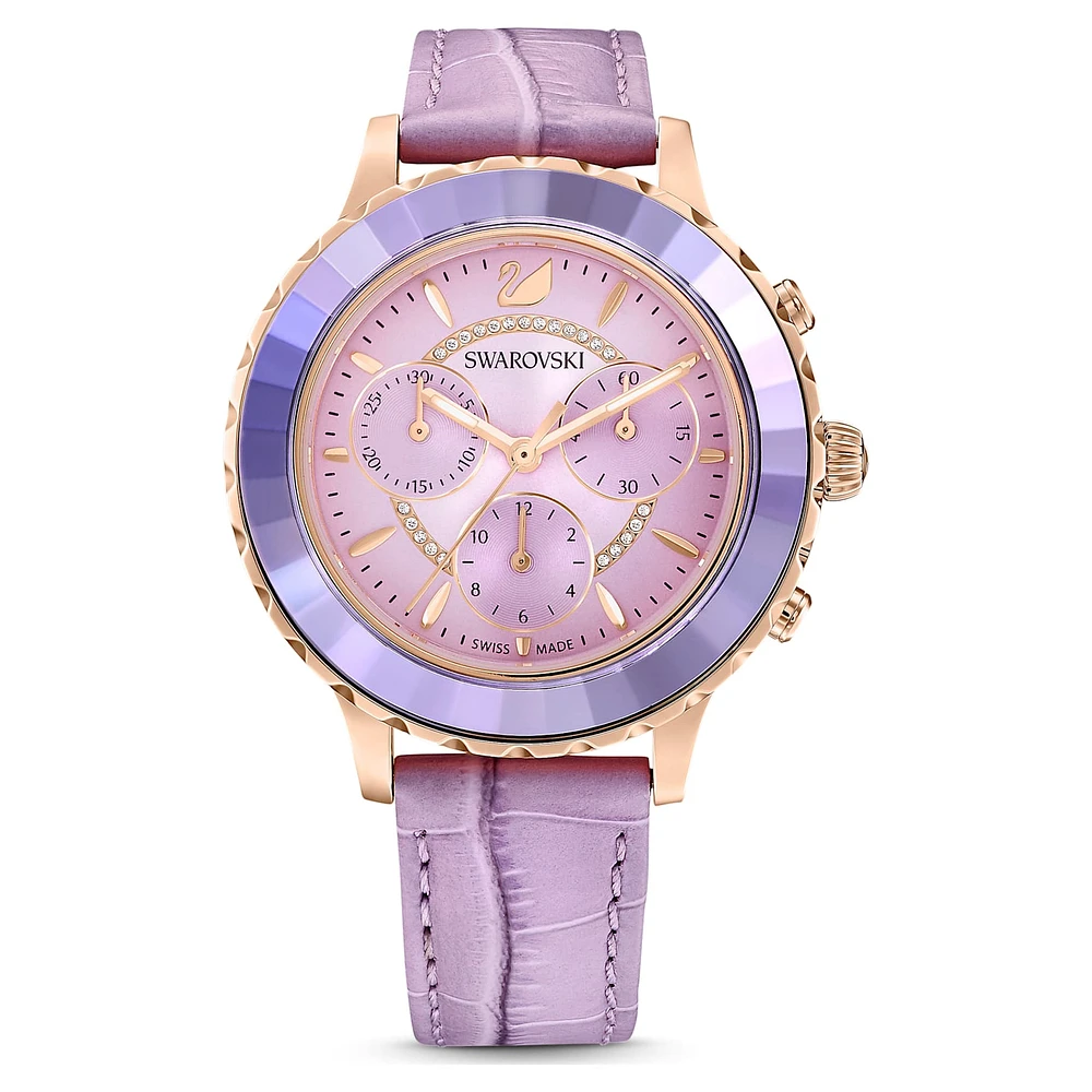 Octea lux chrono watch, Swiss Made, Leather strap, Purple, Rose gold-tone finish by SWAROVSKI