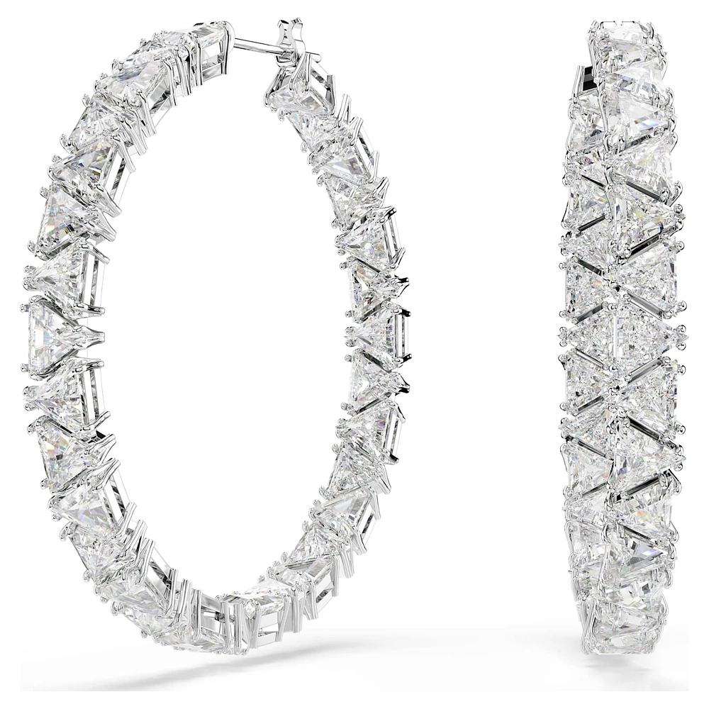 Ortyx hoop earrings, Triangle cut, White, Rhodium plated by SWAROVSKI