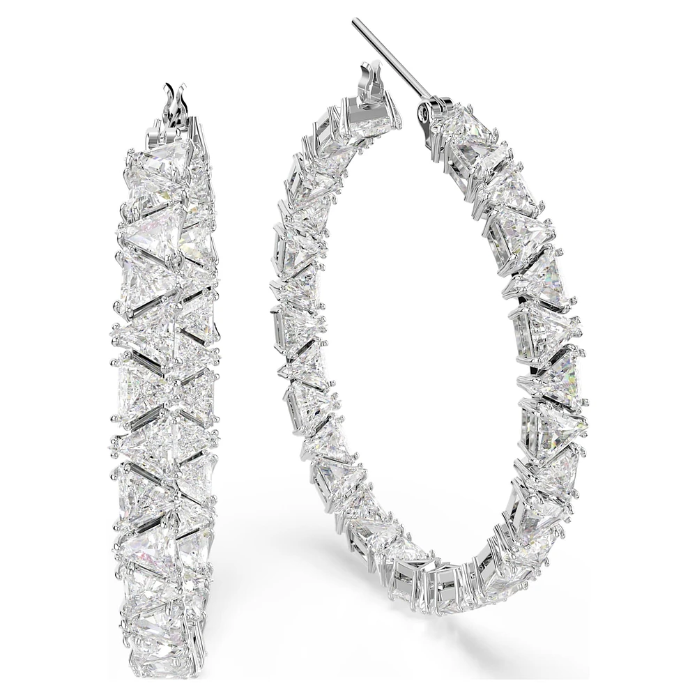 Ortyx hoop earrings, Triangle cut, White, Rhodium plated by SWAROVSKI