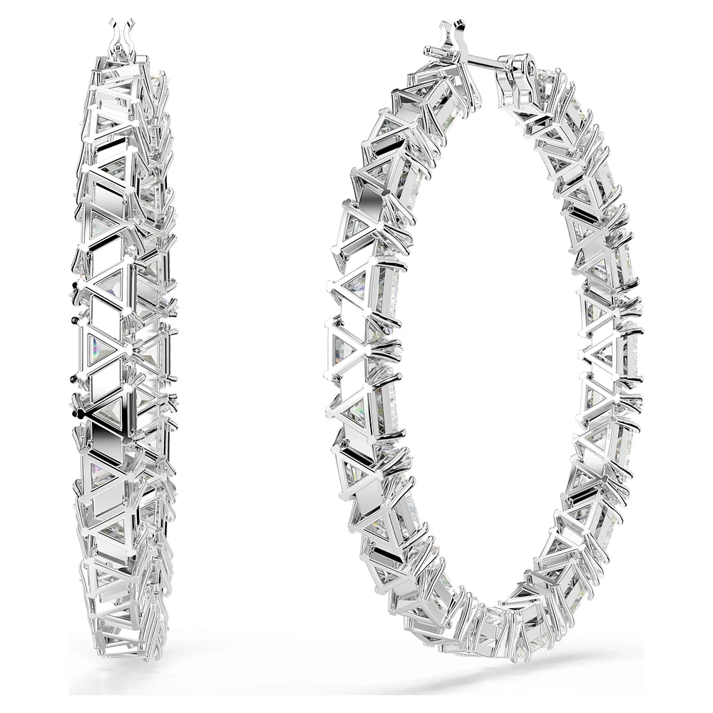 Ortyx hoop earrings, Triangle cut, White, Rhodium plated by SWAROVSKI