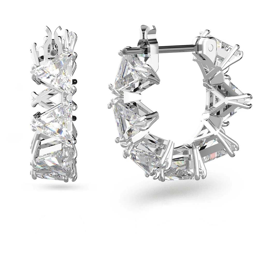 Ortyx hoop earrings, Triangle cut, Small, White, Rhodium plated by SWAROVSKI
