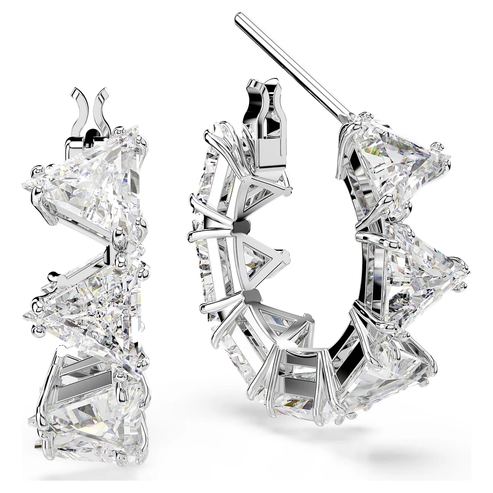 Ortyx hoop earrings, Triangle cut, Small, White, Rhodium plated by SWAROVSKI