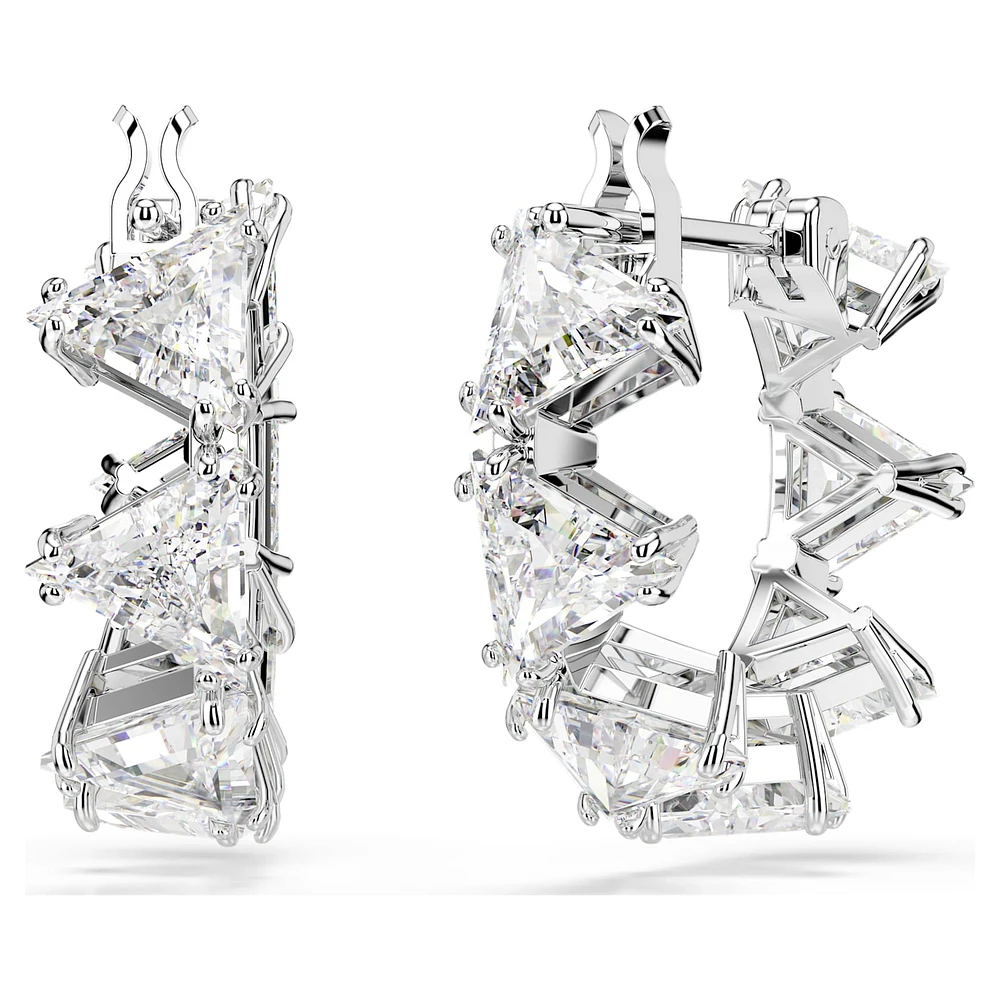 Ortyx hoop earrings, Triangle cut, Small, White, Rhodium plated by SWAROVSKI