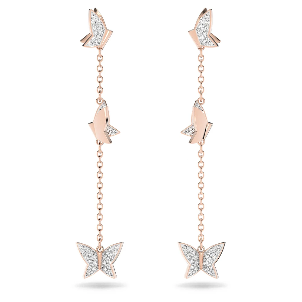 Idyllia Lilia drop earrings, Butterfly, Long, White, Rose gold-tone plated by SWAROVSKI