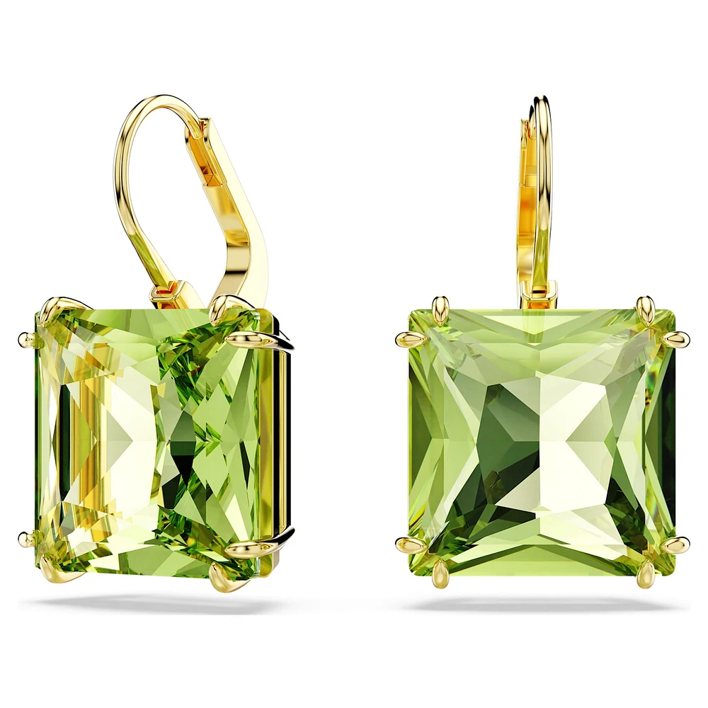 Millenia drop earrings, Square cut, Green, Gold-tone plated by SWAROVSKI