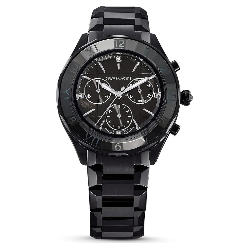 Dextera chrono watch, 39mm, Swiss Made, Metal bracelet, Black, Black finish by SWAROVSKI