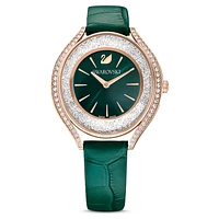 Crystalline Aura watch, Swiss Made, Leather strap, Green, Rose gold-tone finish by SWAROVSKI