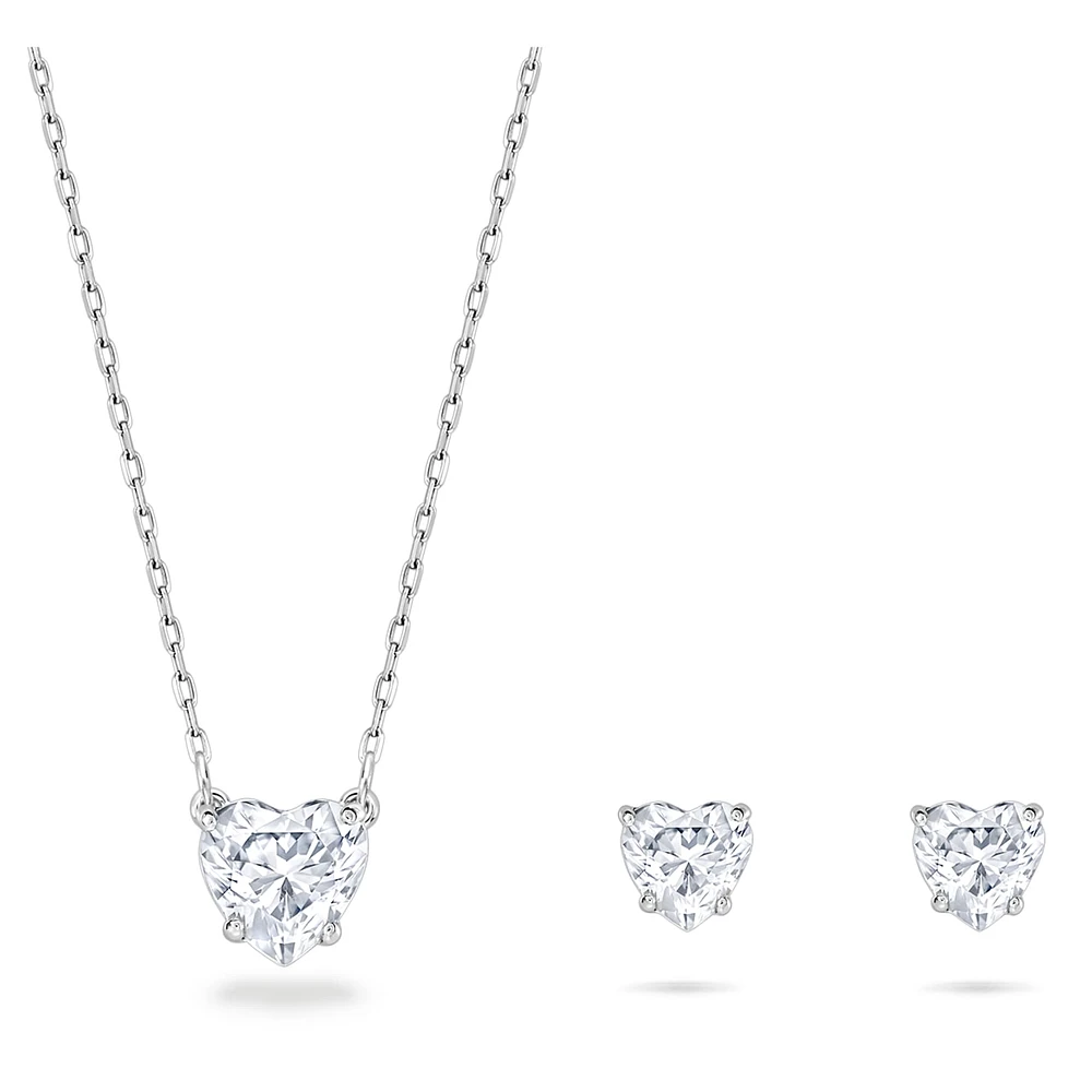 Attract set, Heart, White, Rhodium plated by SWAROVSKI