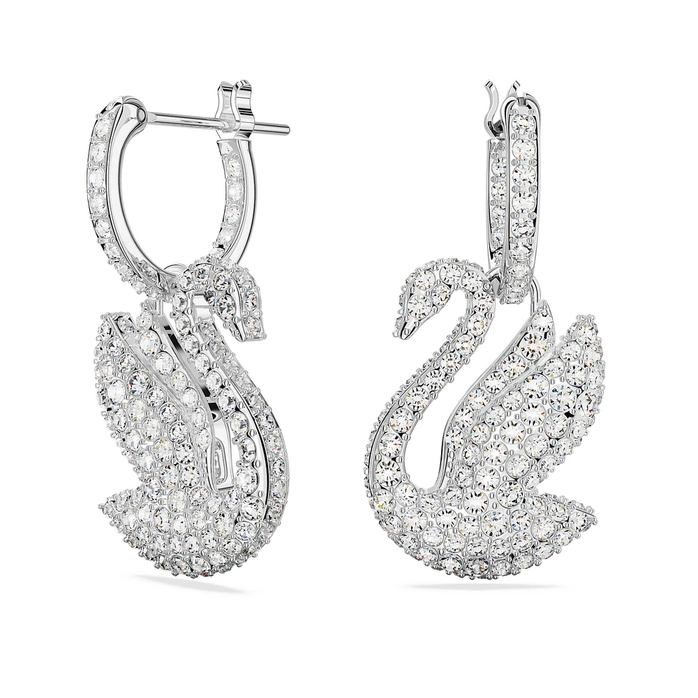 Swarovski Iconic Swan drop earrings, Swan, White, Rhodium plated by SWAROVSKI