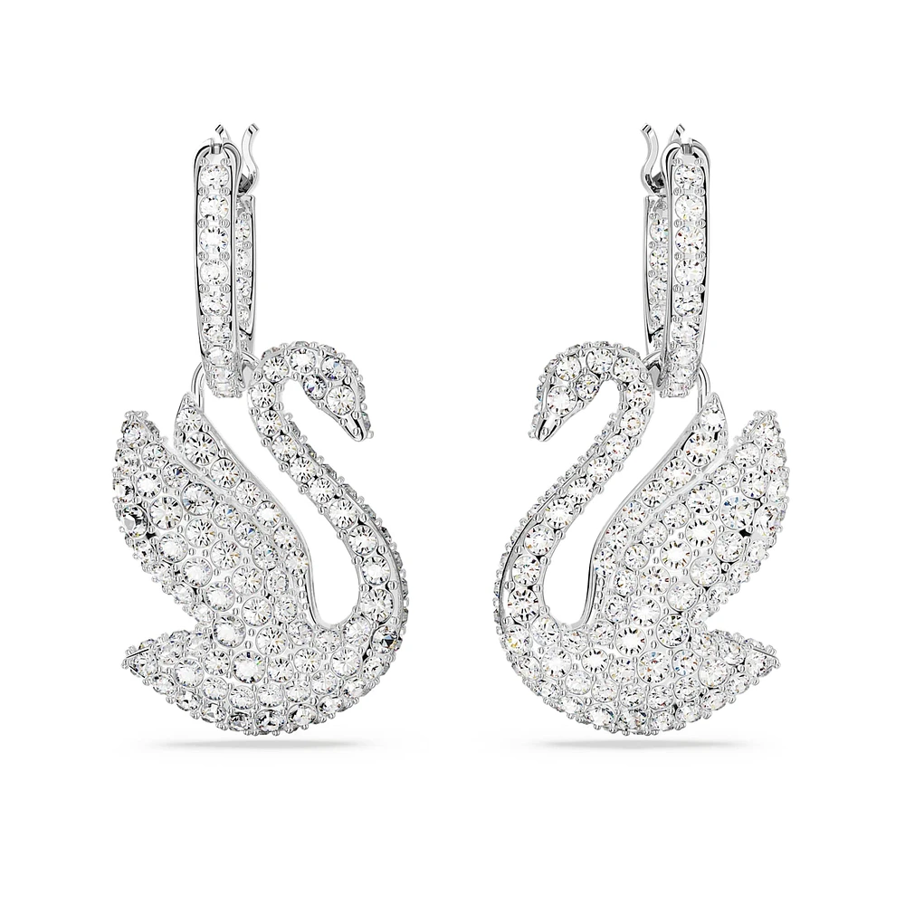 Swarovski Iconic Swan drop earrings, Swan, White, Rhodium plated by SWAROVSKI