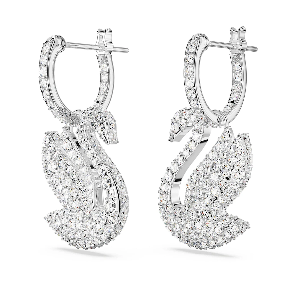 Swarovski Iconic Swan drop earrings, Swan, White, Rhodium plated by SWAROVSKI