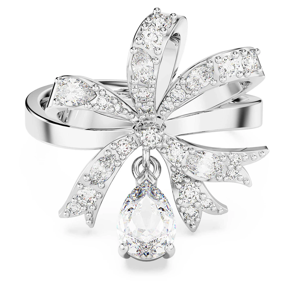 Volta cocktail ring, Bow, White, Rhodium plated by SWAROVSKI