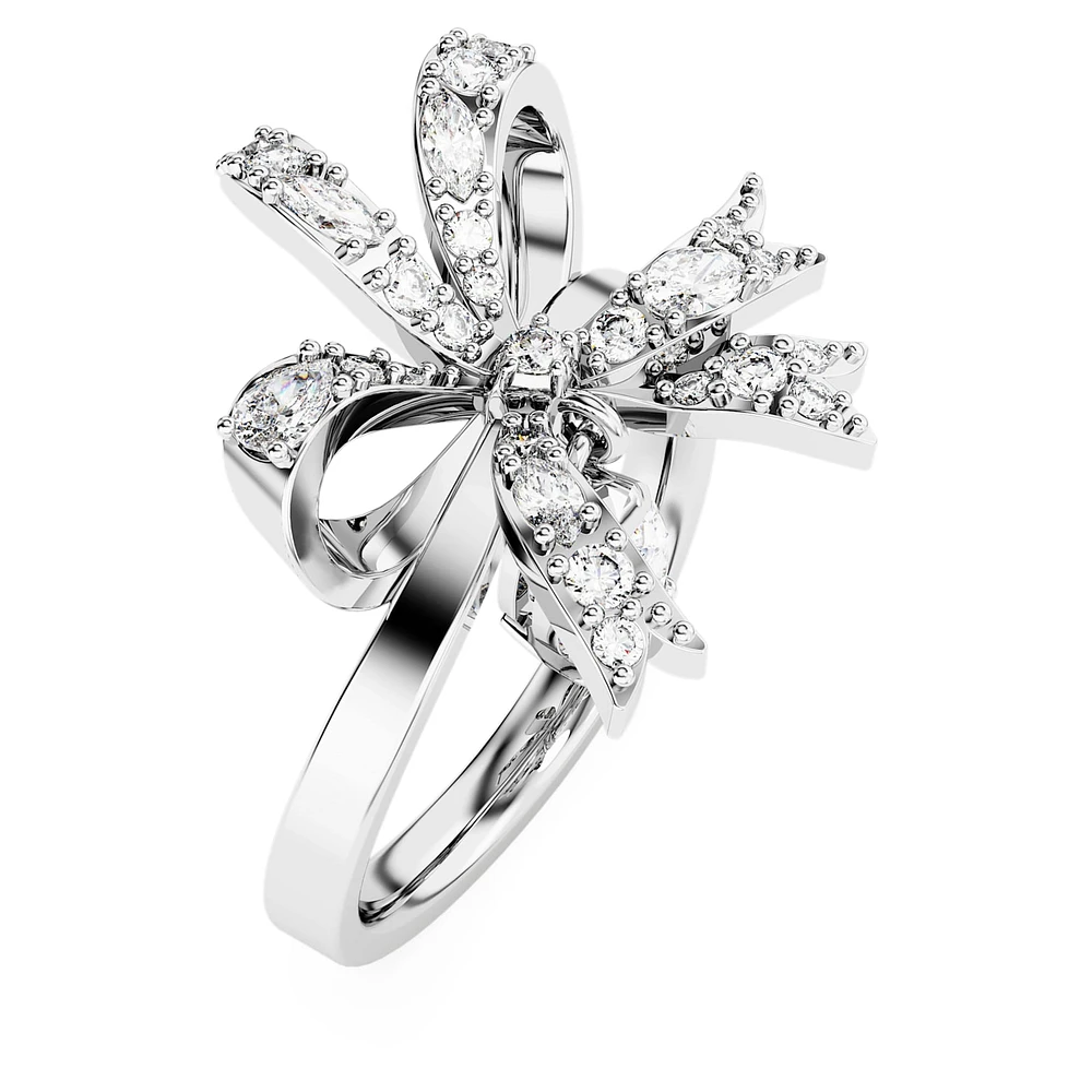 Volta cocktail ring, Bow, White, Rhodium plated by SWAROVSKI