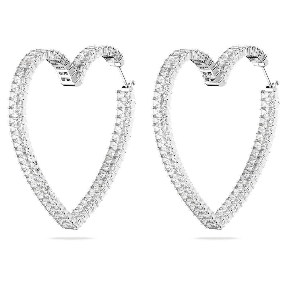 Matrix hoop earrings, Heart, Large, White, Rhodium plated by SWAROVSKI