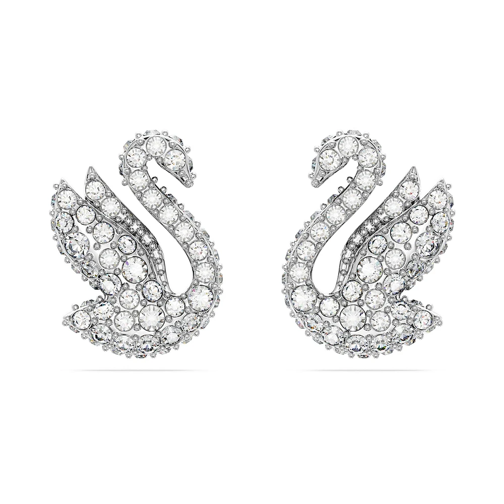 Swarovski Iconic Swan stud earrings, Swan, White, Rhodium plated by SWAROVSKI