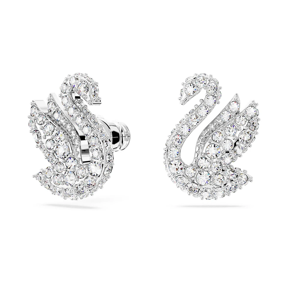 Swarovski Iconic Swan stud earrings, Swan, White, Rhodium plated by SWAROVSKI