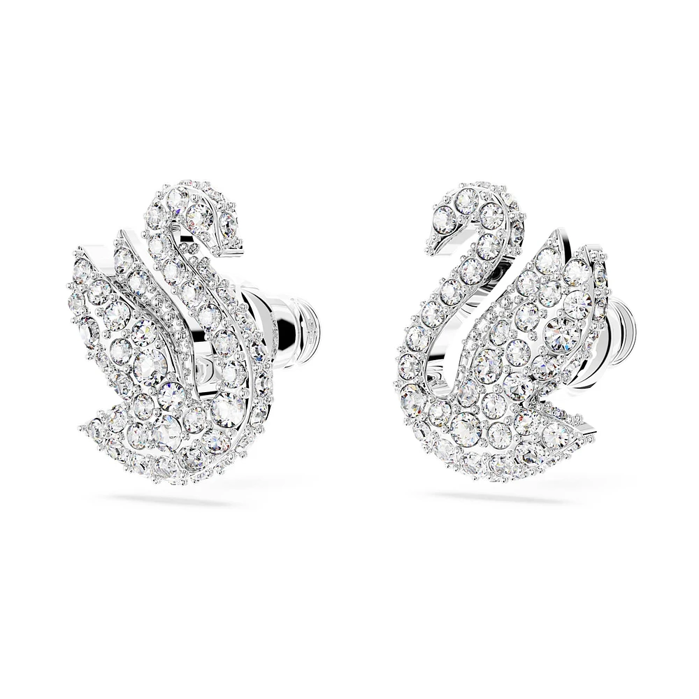 Swarovski Iconic Swan stud earrings, Swan, White, Rhodium plated by SWAROVSKI
