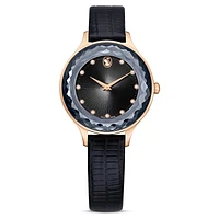 Nova watch, Swiss Made, Leather strap, Black, Rose gold-tone finish by SWAROVSKI