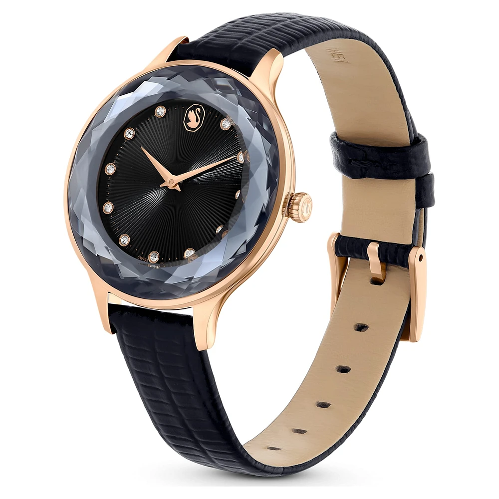Nova watch, Swiss Made, Leather strap, Black, Rose gold-tone finish by SWAROVSKI