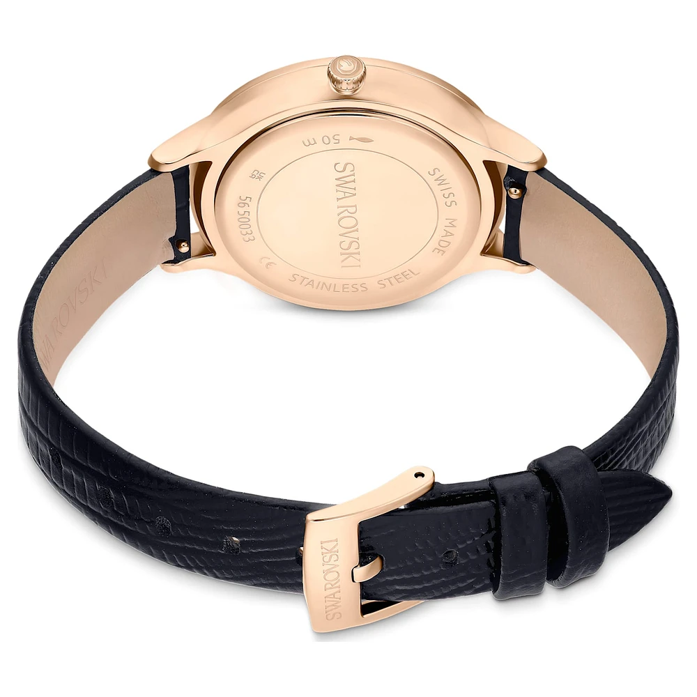 Nova watch, Swiss Made, Leather strap, Black, Rose gold-tone finish by SWAROVSKI