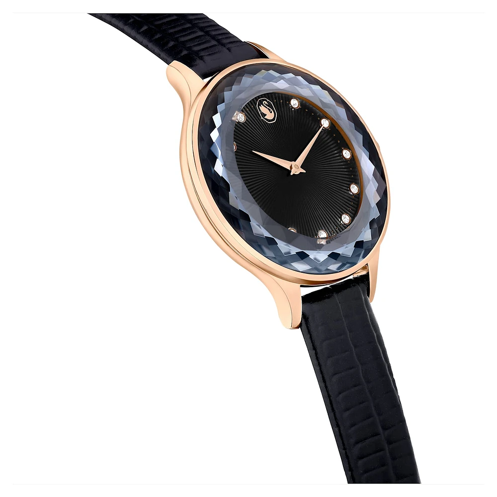 Nova watch, Swiss Made, Leather strap, Black, Rose gold-tone finish by SWAROVSKI