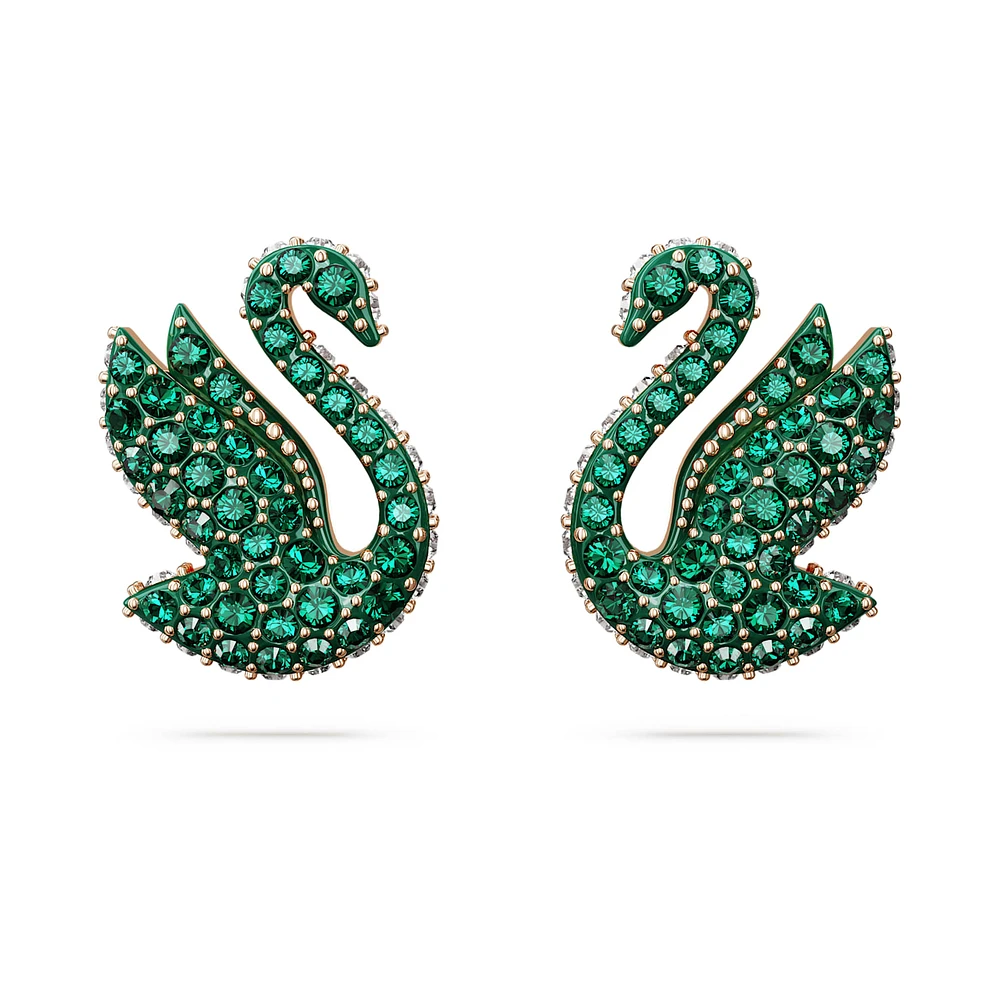Swan stud earrings, Swan, Green, Rose gold-tone plated by SWAROVSKI
