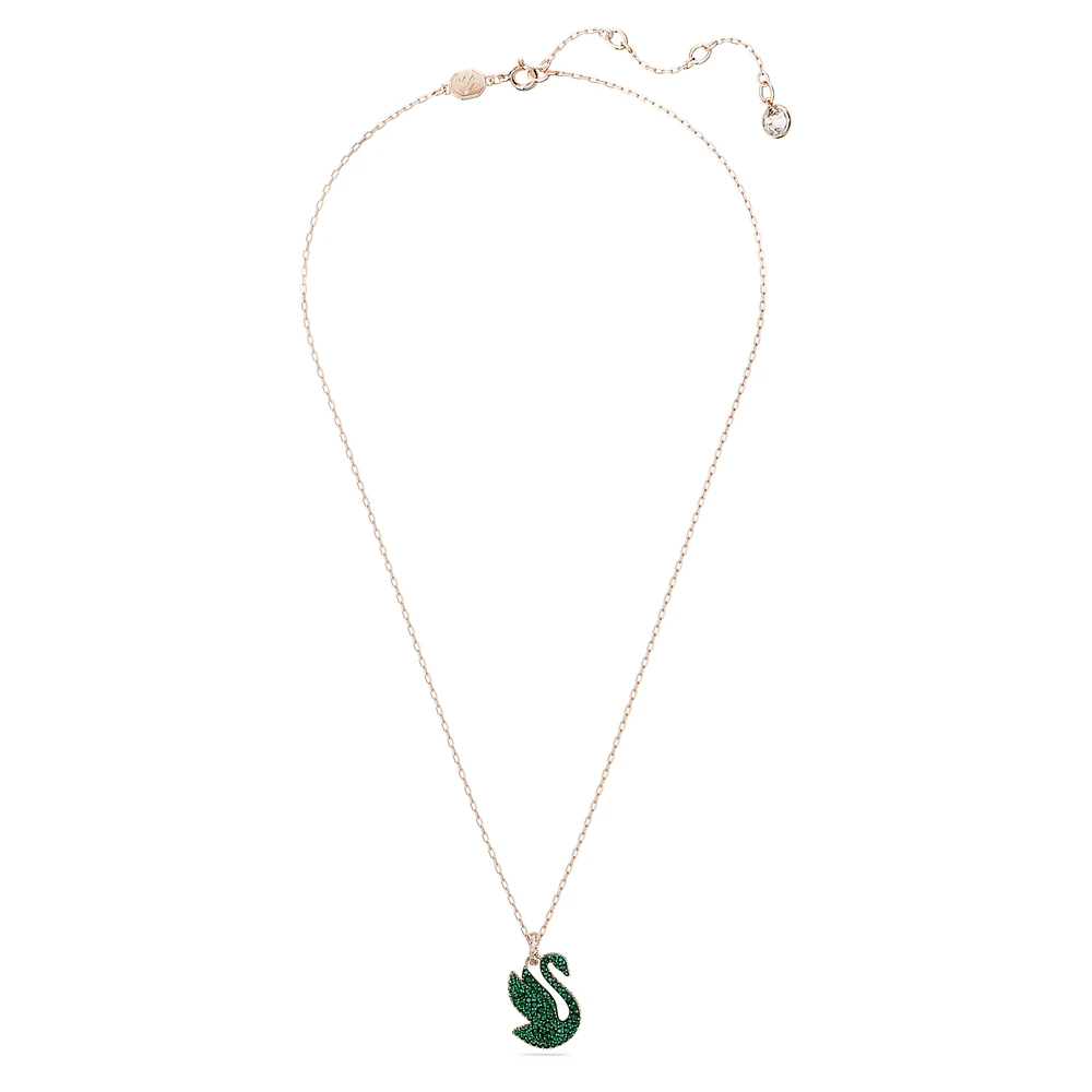 Swan pendant, Swan, Medium, Green, Rose gold-tone plated by SWAROVSKI