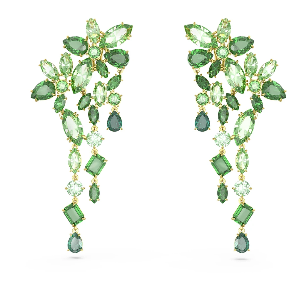 Gema drop earrings, Mixed cuts, Green, Gold-tone plated by SWAROVSKI