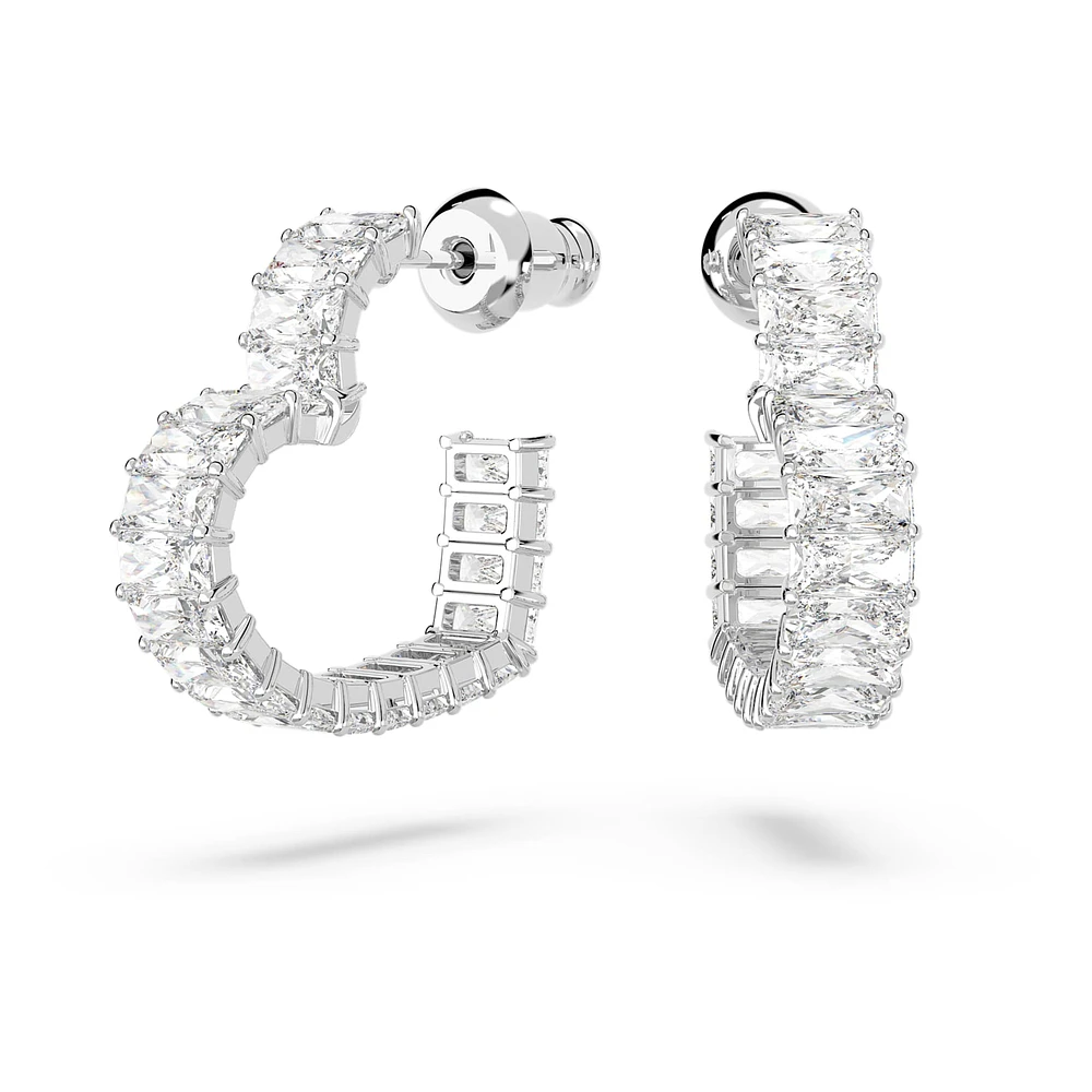 Matrix hoop earrings, Baguette cut, Heart, Small, White, Rhodium plated by SWAROVSKI