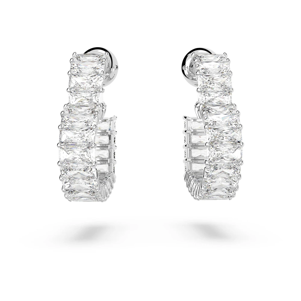 Matrix hoop earrings, Baguette cut, Heart, Small, White, Rhodium plated by SWAROVSKI