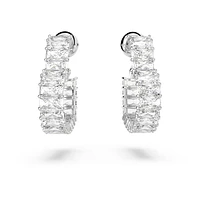 Matrix hoop earrings, Baguette cut, Heart, Small, White, Rhodium plated by SWAROVSKI