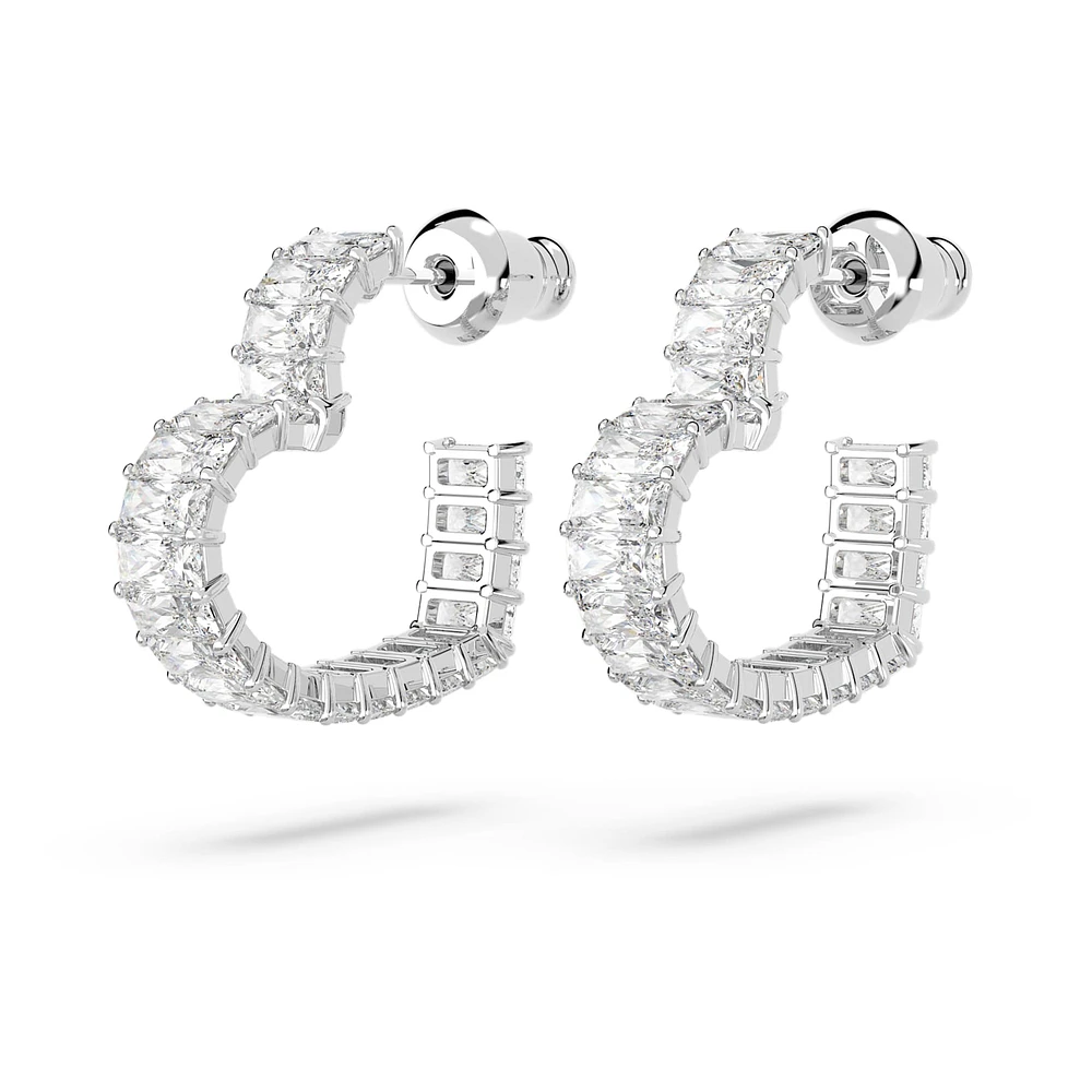 Matrix hoop earrings, Baguette cut, Heart, Small, White, Rhodium plated by SWAROVSKI