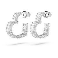 Matrix hoop earrings, Baguette cut, Heart, Small, White, Rhodium plated by SWAROVSKI