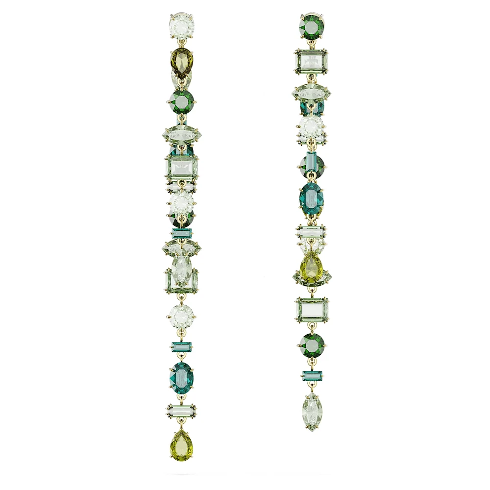 Gema drop earrings, Asymmetrical design, Mixed cuts, Extra long, Green, Gold-tone plated by SWAROVSKI