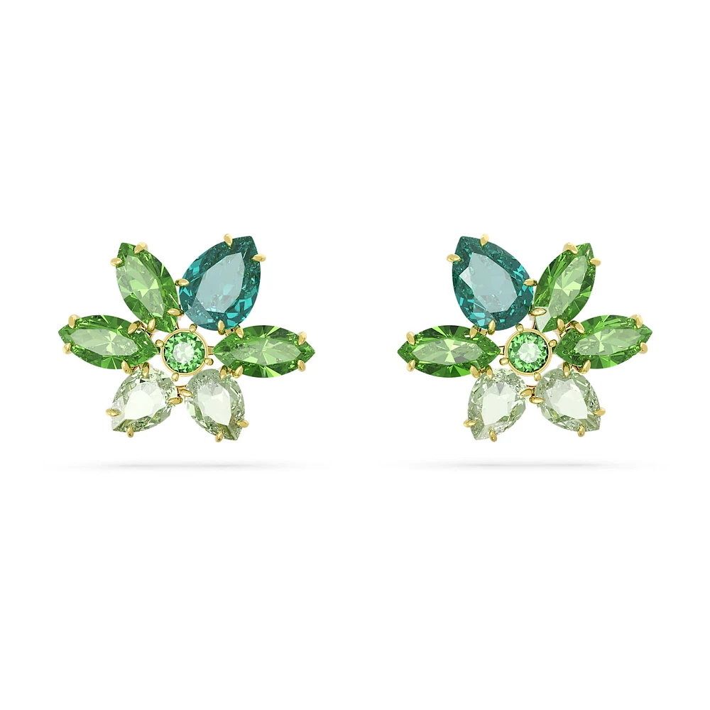 Gema stud earrings, Mixed cuts, Flower, Green, Gold-tone plated by SWAROVSKI
