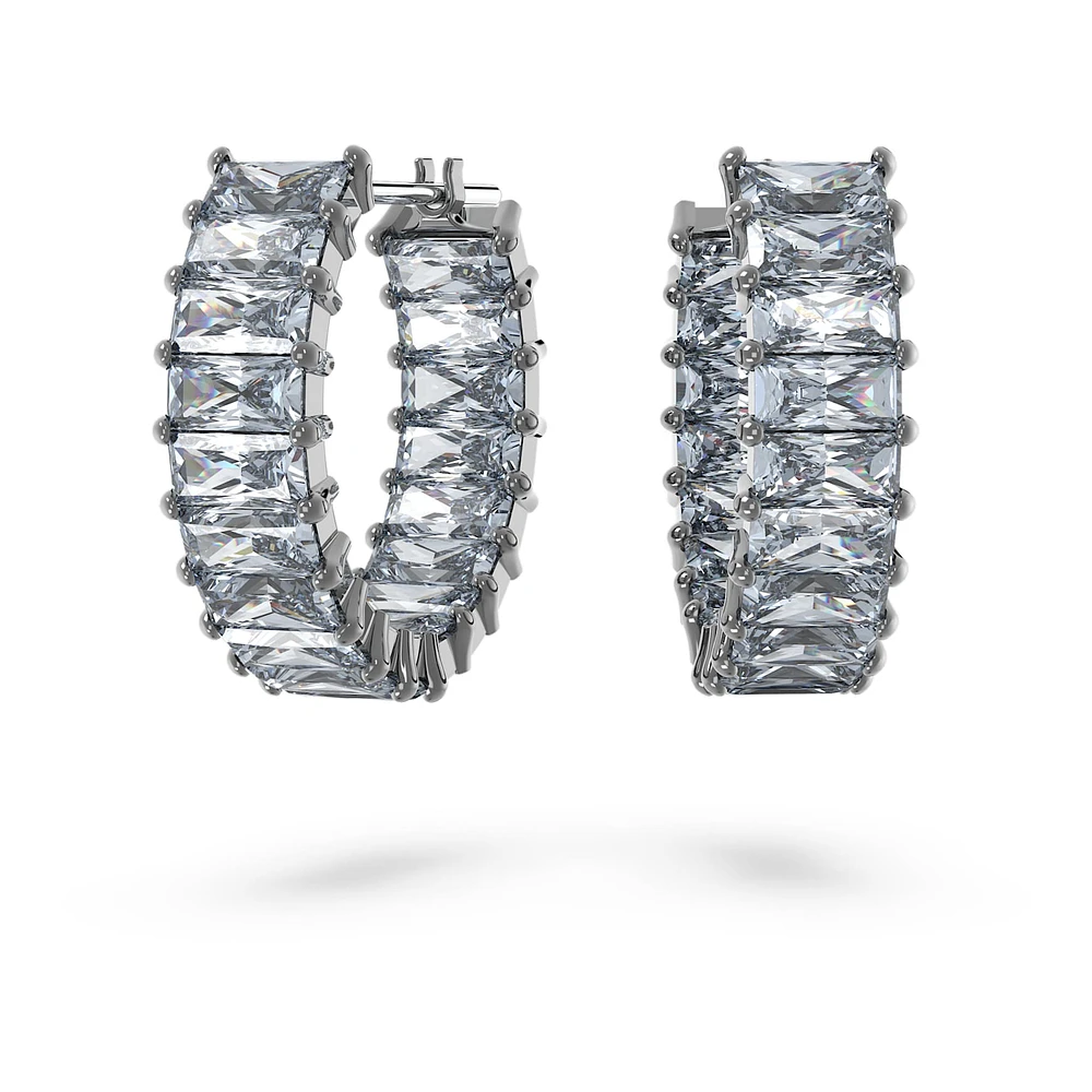 Matrix hoop earrings, Baguette cut, Grey, Ruthenium plated by SWAROVSKI