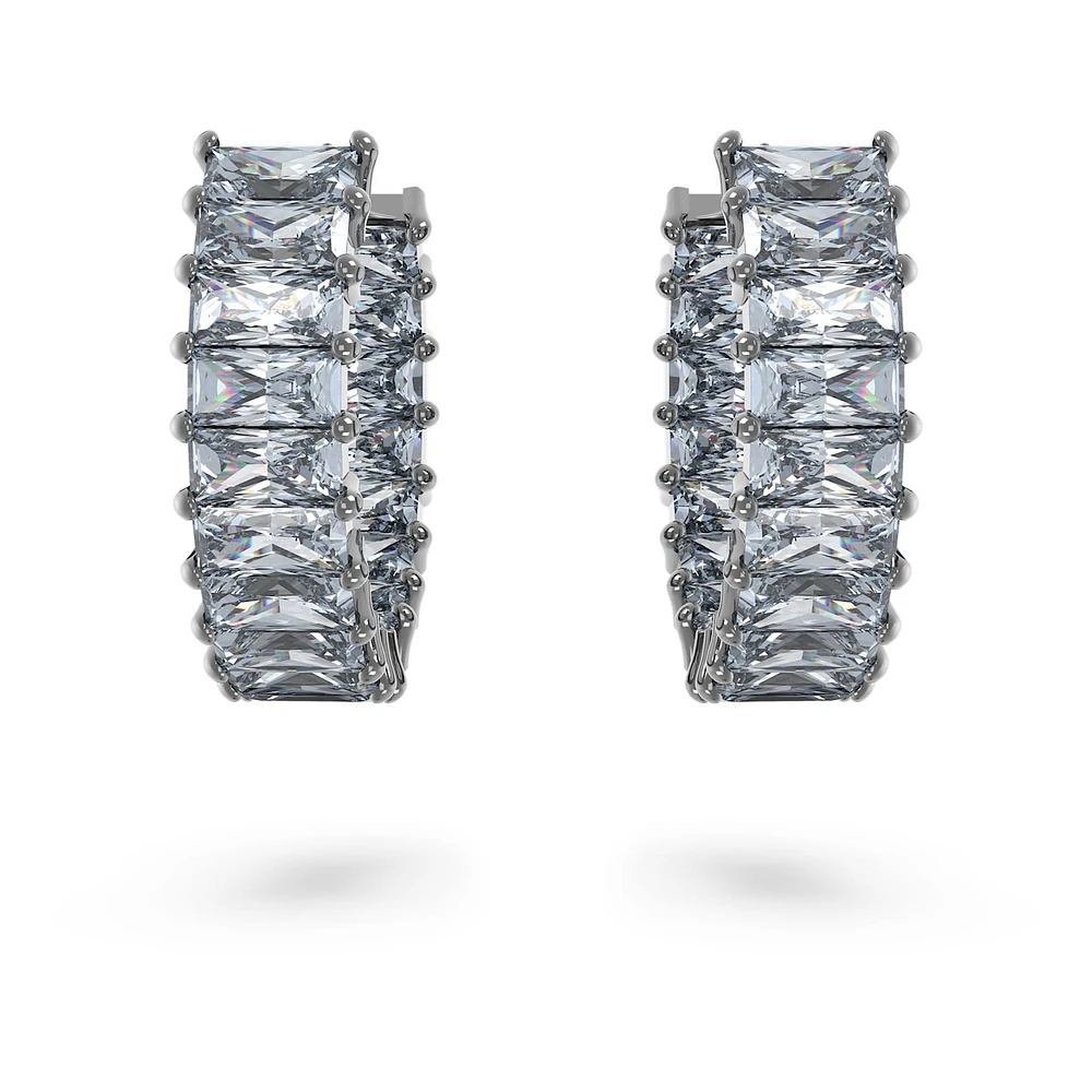 Matrix hoop earrings, Baguette cut, Grey, Ruthenium plated by SWAROVSKI