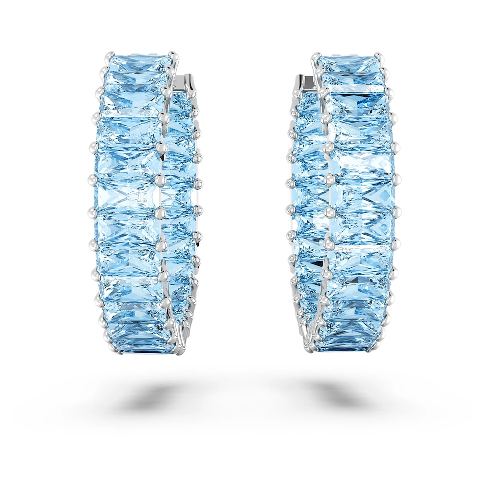 Matrix hoop earrings, Baguette cut, Blue, Rhodium plated by SWAROVSKI