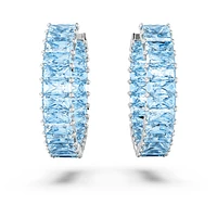 Matrix hoop earrings, Baguette cut, Blue, Rhodium plated by SWAROVSKI