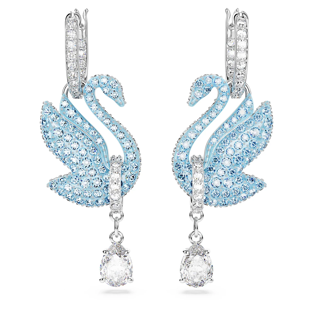 Swan drop earrings, Swan, Blue, Rhodium plated by SWAROVSKI