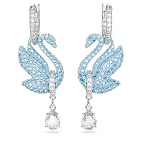 Swan drop earrings, Swan, Blue, Rhodium plated by SWAROVSKI