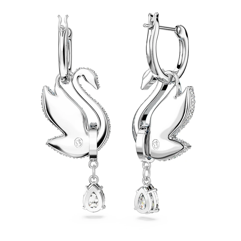 Swan drop earrings, Swan, Blue, Rhodium plated by SWAROVSKI