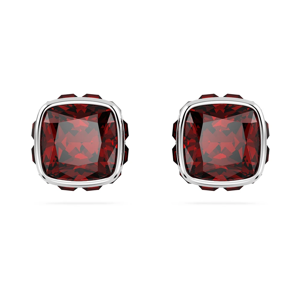 Birthstone stud earrings, Square cut, January, Red, Rhodium plated by SWAROVSKI