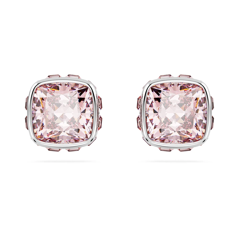 Birthstone stud earrings, Square cut, June, Pink, Rhodium plated by SWAROVSKI