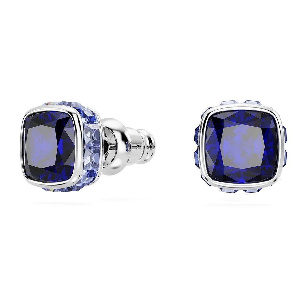 Birthstone stud earrings, Square cut, September, Blue, Rhodium plated by SWAROVSKI